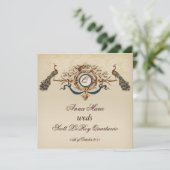 ヴィンテージピーコックスクエア結婚式招待状リネン#6 招待状 (スタンド正面)