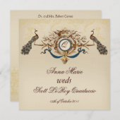 ヴィンテージピーコックスクエア結婚式招待状リネン#6 招待状 (正面/裏面)