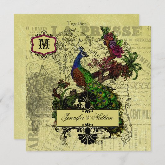 ヴィンテージピーコックスクエア結婚式招待状 招待状 (正面/裏面)