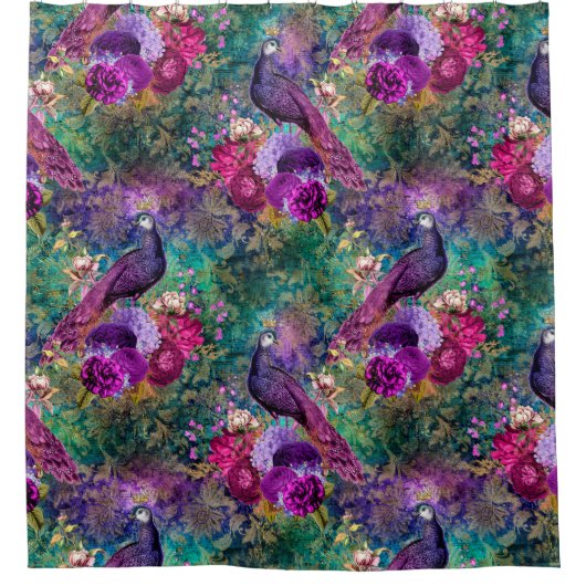 ヴィンテージピーコックスパープルグリーンティール(緑がかった色) エレガント シャワーカーテン (正面)