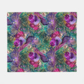 ヴィンテージピーコックスパープルティール(緑がかった色)アンティーク エレガント フリースブランケット (正面(横))