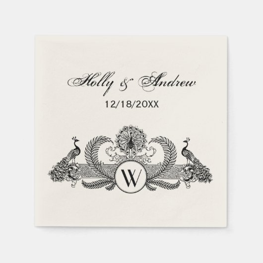 ヴィンテージピーコックスモノグラムアイボリーBG スタンダードカクテルナプキン (正面)