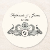 ヴィンテージピーコックスモノグラムアイボリーBG ラウンドペーパーコースター (正面)