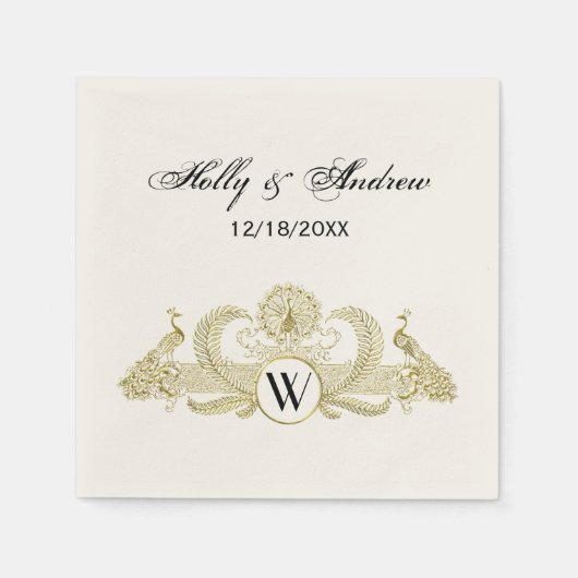 ヴィンテージピーコックスモノグラムフェイク金ゴールドアイボリーBG スタンダードカクテルナプキン (正面)