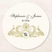 ヴィンテージピーコックスモノグラムフェイク金ゴールドアイボリーBG ラウンドペーパーコースター (正面)