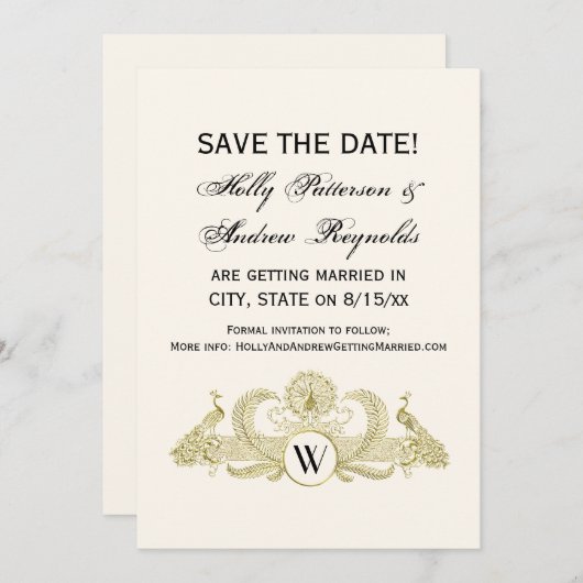 ヴィンテージピーコックスモノグラムフェイク金ゴールドアイボリーBG 招待状 (正面/裏面)