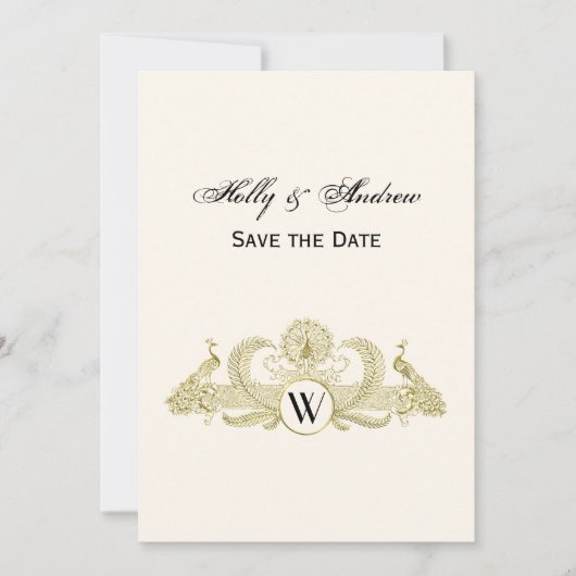 ヴィンテージピーコックスモノグラムフェイク金ゴールドアイボリーBG 招待状 (正面)