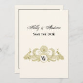 ヴィンテージピーコックスモノグラムフェイク金ゴールドアイボリーBG 招待状 (正面/裏面)