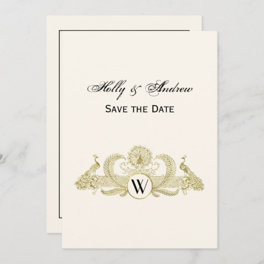 ヴィンテージピーコックスモノグラムフェイク金ゴールドアイボリーBG 招待状 (正面/裏面)