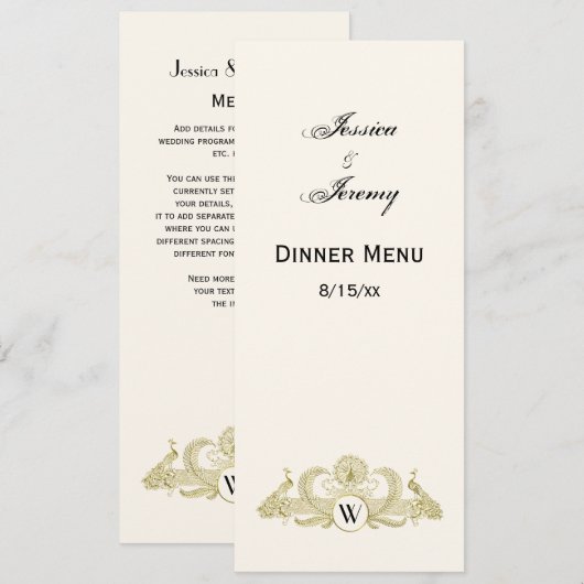 ヴィンテージピーコックスモノグラムフェイク金ゴールドアイボリーBG 招待状 (正面/裏面)