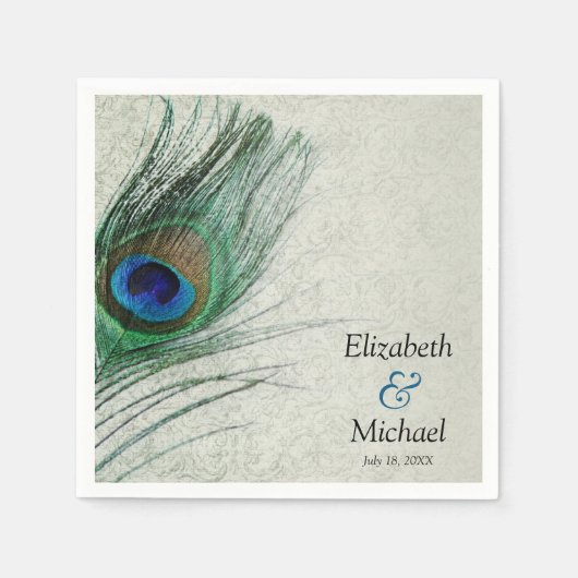 ヴィンテージピーコックダマパーソナライズされたス結婚ズ スタンダードカクテルナプキン (正面)