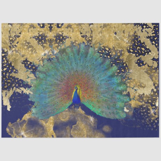 ヴィンテージピーコックネイビーブルー金ゴールドレオパードデコップページ 薄葉紙 (正面)