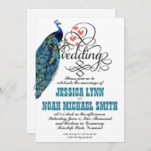 ヴィンテージピーコックハートティール（緑がかった色）アンドコーラル招待状 招待状 (正面/裏面)