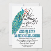 ヴィンテージピーコックハートティール（緑がかった色）アンドコーラル招待状 招待状 (正面)