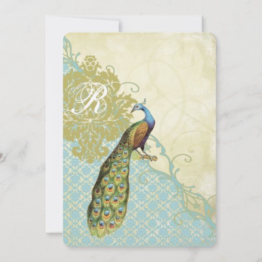 ヴィンテージピーコックバーズラグーンダイブダマスウェディング 招待状 (裏面)