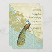 ヴィンテージピーコックバーズラグーンダイブダマスウェディング 招待状 (正面/裏面)