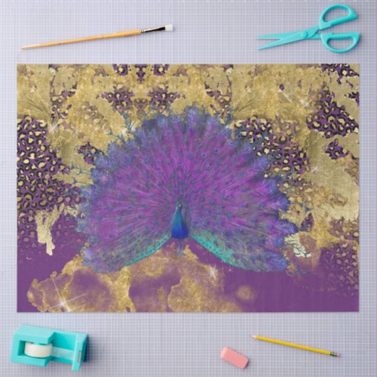 ヴィンテージピーコックパープルと金ゴールドヒョウのデコパージュ 薄葉紙 (クラフト)