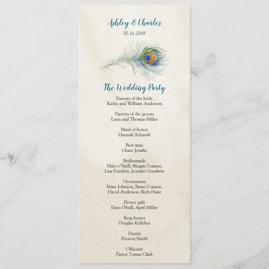 ヴィンテージピーコックフェザーエラガントティール（緑がかった色）結婚ズ プログラム (正面)