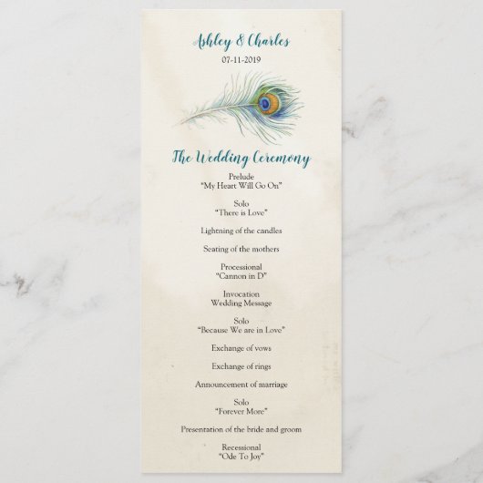 ヴィンテージピーコックフェザーエラガントティール（緑がかった色）結婚ズ プログラム (裏面)