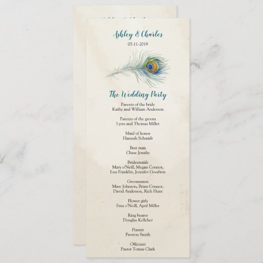 ヴィンテージピーコックフェザーエラガントティール（緑がかった色）結婚ズ プログラム (正面/裏面)