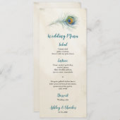 ヴィンテージピーコックフェザーエレガントボホティール(緑がかった色)結婚ズ メニュー (正面/裏面)