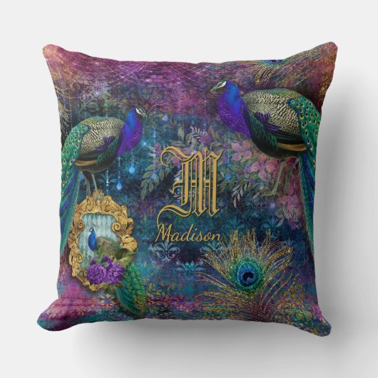 ヴィンテージピーコックフェザーグリッターモノグラム名 クッション (正面)
