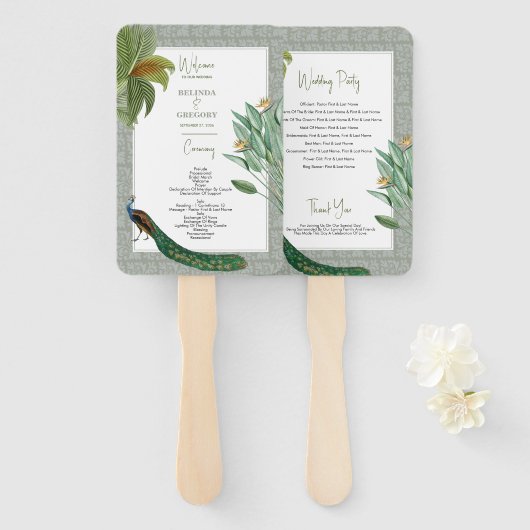 ヴィンテージピーコックフェザートロピカル結婚式 プログラム ハンドファン (正面&裏面)