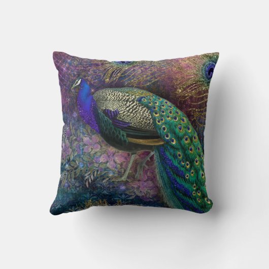 ヴィンテージピーコックフェザーフローラティール（緑がかった色）ネイビー金ゴールド クッション (裏面)