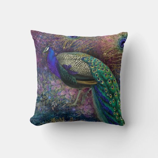 ヴィンテージピーコックフェザーフローラティール(緑がかった色)ネイビー金ゴールド クッション (正面)