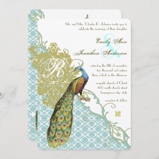ヴィンテージピーコックブルーとグリーンダマスクウェディング 招待状 (正面/裏面)