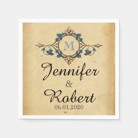 ヴィンテージピーコックモノグラム結婚ズナプキン スタンダードカクテルナプキン (正面)