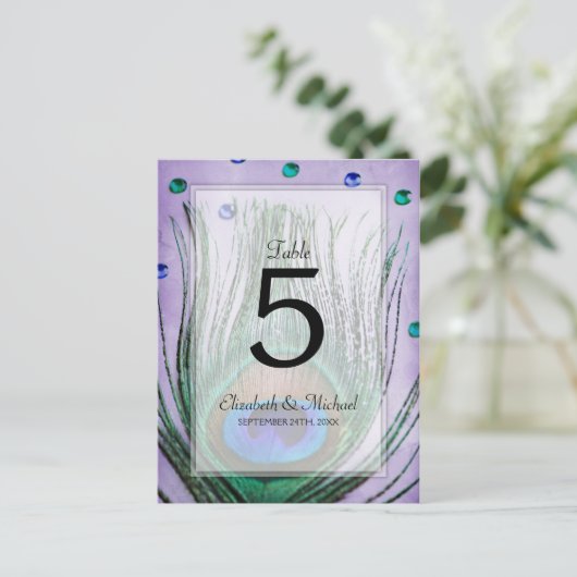ヴィンテージピーコック宝石結婚紫のテーブル番号 ポストカード (スタンド正面)