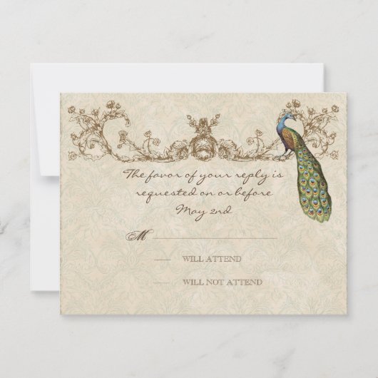 ヴィンテージピーコック&エッチングウェディングRSVPカード 出欠カード (正面)