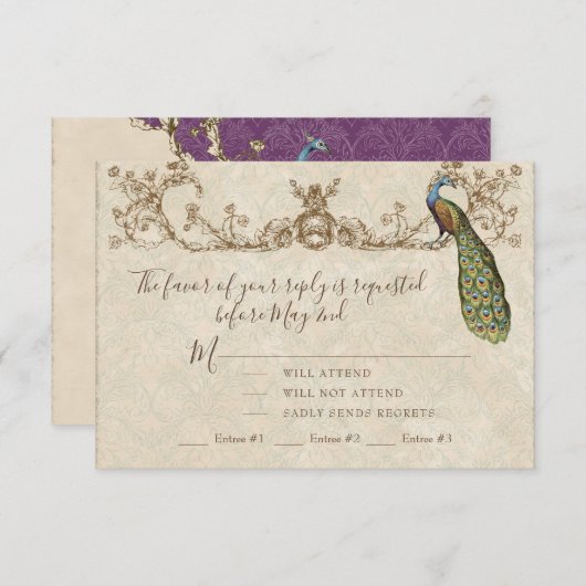 ヴィンテージピーコック&エッチングウェディングRSVPカード 出欠カード (正面/裏面)