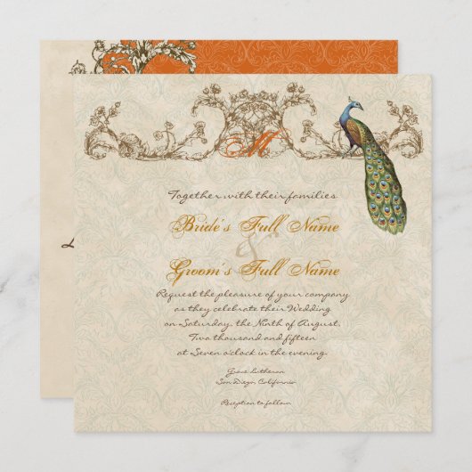 ヴィンテージピーコック&エッチング焼きオレンジ結婚ズ 招待状 (正面/裏面)