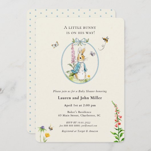 ヴィンテージピーターラビットブルー男の赤ちゃんシャワー 招待状 (正面/裏面)