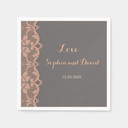 ヴィンテージピーチグレイ結婚レースカスタムズ スタンダードカクテルナプキン (正面)