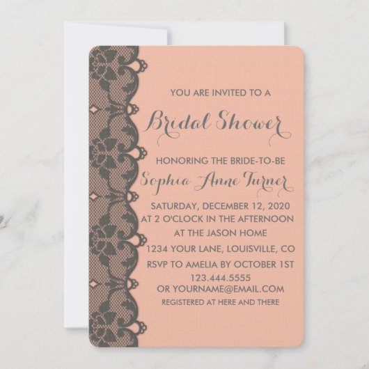 ヴィンテージピーチグレーレースブライダルシャワー招待 招待状 (正面)