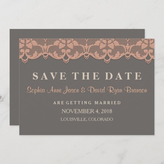 ヴィンテージピーチグレーレース結婚式の日付を保存 セーブザデート (正面/裏面)