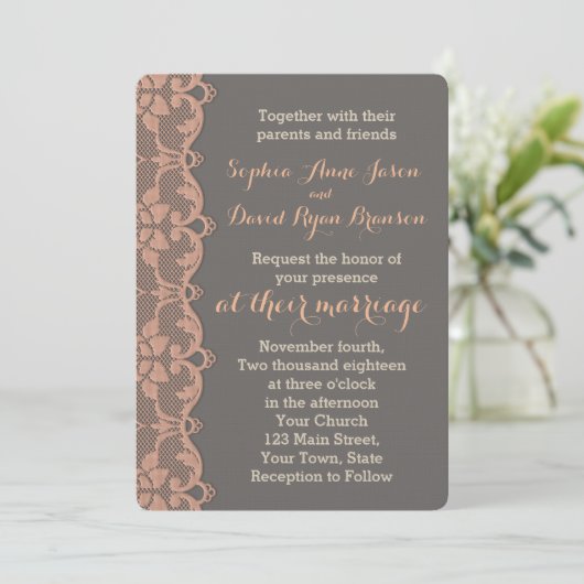 ヴィンテージピーチグレーレース結婚式招待状 招待状 (スタンド正面)
