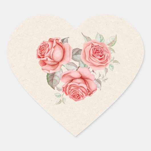 ヴィンテージピーチコーラルバラ葉グリーンリーズ結婚ズ ハートシール (正面)