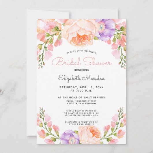 ヴィンテージピーチピンクパープルフローラブライダルシャワー 招待状 (正面)