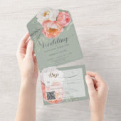 ヴィンテージピーチピーチオンセージグリーンQRコード オールインワン招待状 (貼ってはがせる)