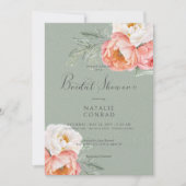 ヴィンテージピーチピーニーズオンセージグリーンブライダルシャワー 招待状 (正面)