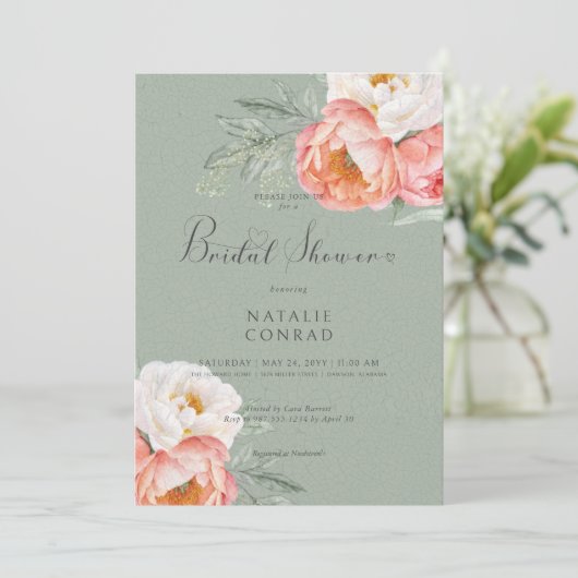 ヴィンテージピーチピーニーズオンセージグリーンブライダルシャワー 招待状 (スタンド正面)