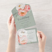 ヴィンテージピーチプニーズオンセージグリーンディナー オールインワン招待状 (貼ってはがせる)