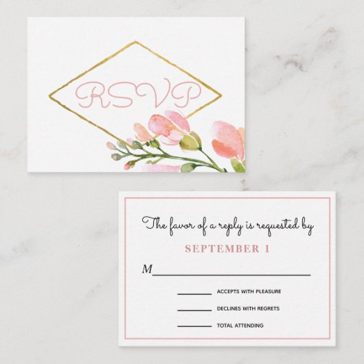 ヴィンテージピーチ赤面ピンクフローラウェディングRSVP エンクロージャーカード (正面/裏面)