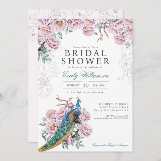 ヴィンテージピーニーチノイスリーピーコックブライダルシャワー 招待状 (正面/裏面)