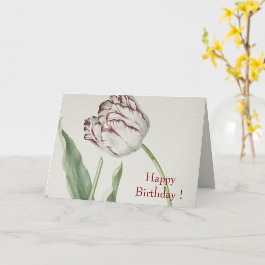 ヴィンテージファインアート、白と赤のチューリップ誕生日 カード (黄色い花)