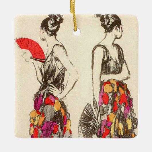 ヴィンテージファッションの女性と春ドレス セラミックオーナメント (正面)
